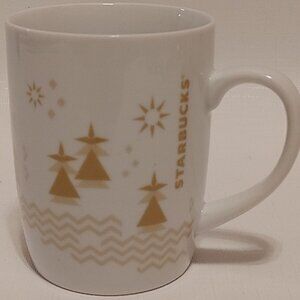 Starbucks Holiday Coffee Mug White Gold Trees 2013 11 Oz Christmas Seaso…